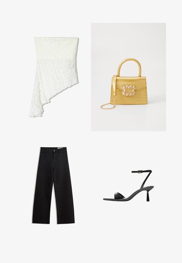 Eșarfă albă din dantelă cu un design asimetric, având un model texturat, fabricată dintr-un material moale și cu o cădere fluidă pe o parte.; Pantaloni din denim negri cu picioare largi, cu talie înaltă, având buzunare frontale și posterioare, cusături dublate și închidere cu nasture. Textură netedă.; Bershka Sandale cu toc - black; Geantă galbenă din faux-crocodil cu un design structurat, mână superioară, curea detașabilă cu lanț și embellisment decorativ cu cristale pe închidere.