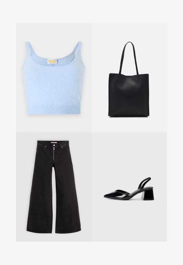 Heledsinine crop top, mis on valmistatud pehmest materjalist. Lõige on peenete õlgadega, ümar neckline ja soonikkoes äär. Etikett kannab nime "FROM FUTURE."; Laiad teksad mustast denimist, millel on lukuga eesmine osa, viie taskuga disain ja peened õmblusdetailid. Sile tekstuur ja juhuslik stiil.; Mustad musta lakknahk kingad, millel on terav varvas ja geomeetriline plokkkonts. Omab elegantselt minimalistlikku disaini ja sujuvat tekstuuri.; Mustast nahast kott sujuva tekstuuriga, ristkülikukujuline ja kahe pika sangaga. Pole nähtavat riistvara ega kaunistusi.