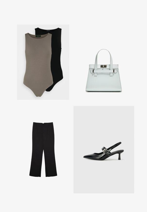 Dva brezrokavnika v olivno zeleni in črni barvi. Narejena iz gladkega materiala z okroglo ovratnikom in visoko izrezom na nogah.; Črne hlače ravnega kroja z naglavnimi žepi in stranskimi razporki na robu. Narejene iz mehke, gladke tkanine. Primerne za različne priložnosti.; Črne patent usnjene slingback pete s koničastim nosom in majhnim blok peto, ki vključujejo srebrno zaponko na traku.; Svetlo modra torbica z oblikovano zasnovo, dvema ročkama in kljuko iz srebrno-toniranega materiala. Teksturni material in ostri koti.