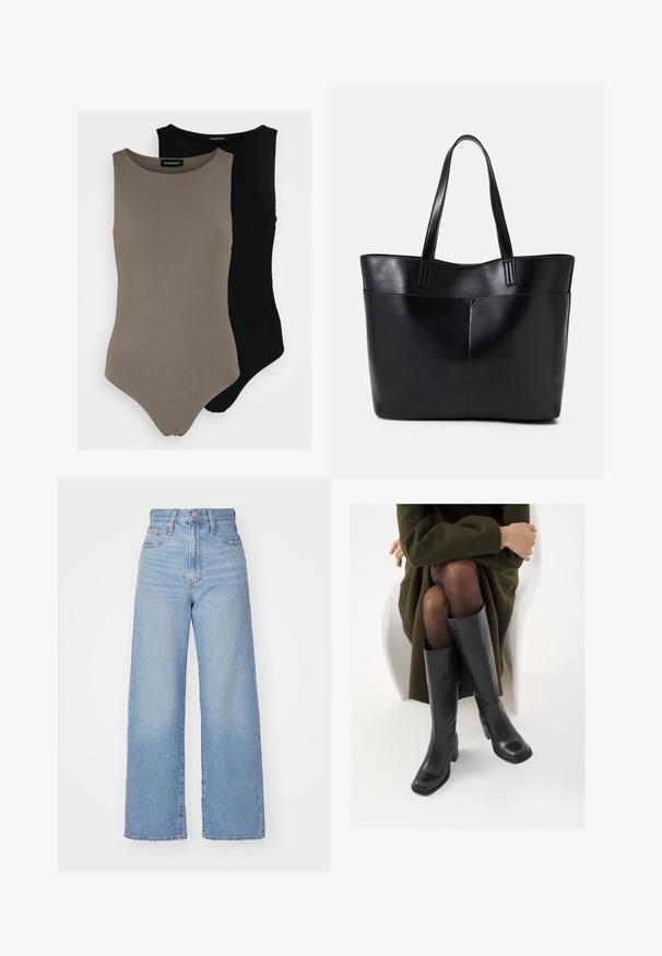 Two sleeveless bodysuits in olive green and black. Made of smooth fabric with a round neckline and a high-cut leg design.; Light blue high-waist wide-leg jeans with front button and zip closure, front and back pockets, on a white background.; Knee-high black leather boots with a squared toe and block heel, shown with a model seated in an olive green coat. Smooth texture, minimal detailing.; Black leather tote bag with two long handles, a smooth texture, and a structured shape. Features a front pocket for additional storage.
