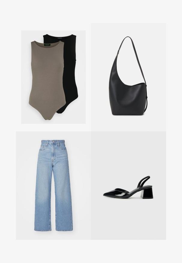 Divi bezplecu bodijsu komplekts olīvu zaļā un melnā krāsā. Izgatavoti no gludas auduma ar apaļu izgriezumu un augstu kāju griezumu.; Gaiši zili augstās jostas vidukļa platās bikses ar priekšējo pogu un rāvējslēdzēju, priekšējām un aizmugurējām kabatām uz baltā fona.; Melna lakota āda ar atvērto papēdi, ar smailu purngalu un ģeometrisku blokpapēdi. Iezīmējas elegants, minimāls dizains un gluda tekstūra.; Melnas ādas hobo soma ar gludu tekstūru, izliekta forma un vienu regulējamu jostu; augšā ir plaša atvere.