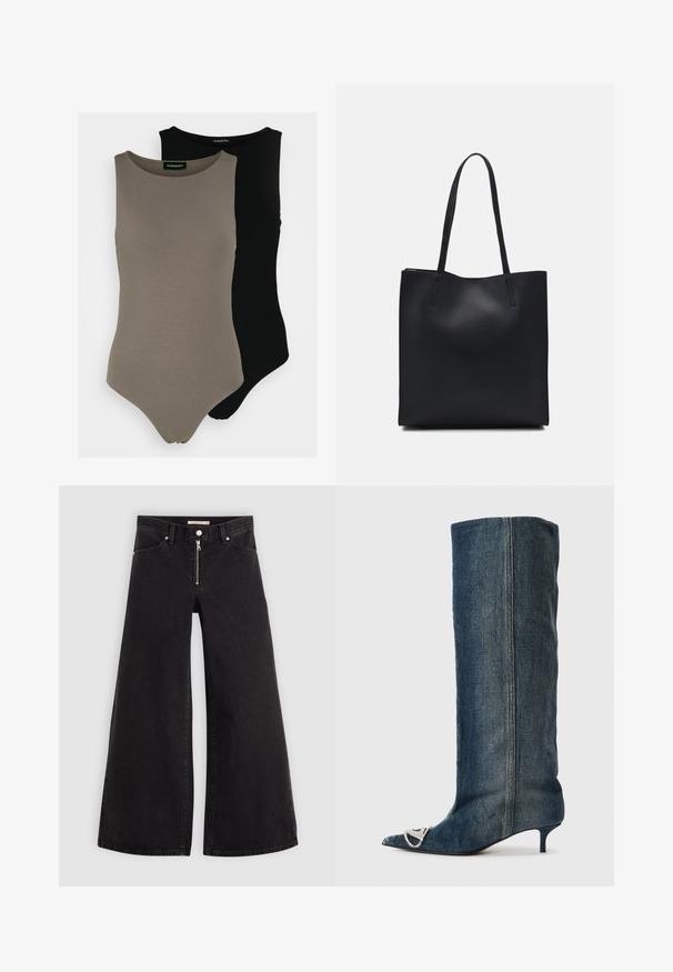 Dois macacões sem mangas em verde oliva e preto. Feitos de um tecido suave com um decote redondo e um design de perna alta.; Calças de ganga de perna larga em denim preto com fecho éclair à frente, design de cinco bolsos e detalhes de costura subtil. Textura suave e estilo casual.; Bota de ganga até ao joelho com bico fino, detalhe em prata, salto fino e baixo, com acabamento liso e texturizado.; Bolsa tote preta em couro com textura lisa, forma retangular e duas alças longas. Sem hardware ou enfeites visíveis.