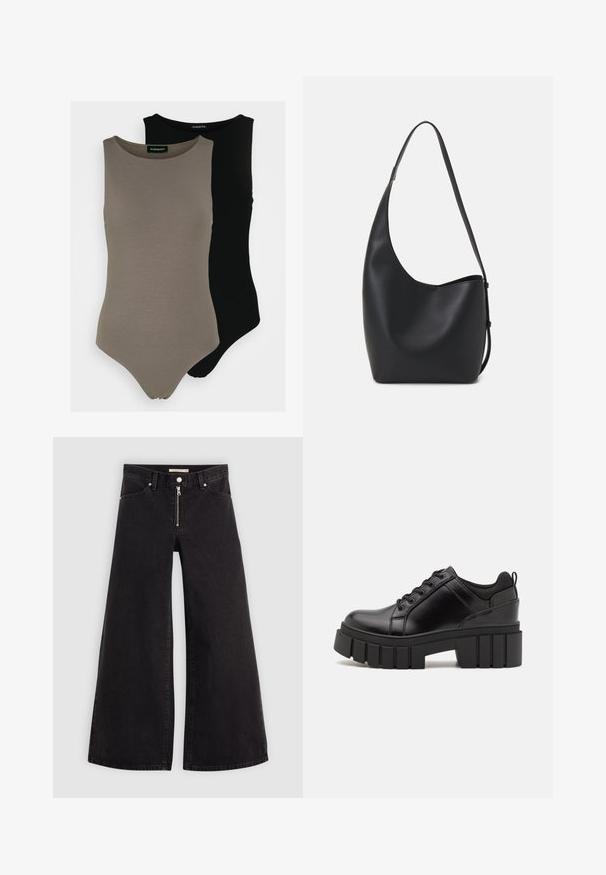 Two sleeveless bodysuits in olive green and black. Made of smooth fabric with a round neckline and a high-cut leg design.; Wide-leg jeans in black denim with a zippered front, five-pocket design, and subtle stitching details. Smooth texture and casual style.; Black leather platform shoes with a chunky block heel, round toe, and traditional lace-up design. Features smooth texture and minimal detailing.; Black leather hobo bag with a smooth texture, curved shape, and single adjustable strap; features a wide opening at the top.