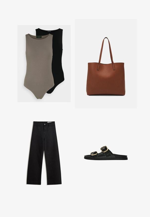 Două body-uri fără mâneci, în verde măsliniu și negru. Confectionate dintr-un material neted, cu decolteu rotund și un design cu picior înalt.; Pantaloni din denim negri cu picioare largi, cu talie înaltă, având buzunare frontale și posterioare, cusături dublate și închidere cu nasture. Textură netedă.; Sandalie negre cu toc plat, cu două accente de cataramă aurie, din material texturat neted și design minimalist.; Geantă de umăr din piele maro cu o textură netedă, design cu vârf deschis și două curele pentru umăr. Prezintă cusături minime și fără componente metalice vizibile.