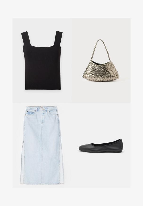 Schwarzes Tanktop mit quadratischem Ausschnitt aus glattem Stoff. Verfügt über breite Träger und eine figurbetonte Silhouette mit einem sauberen Saum. Keine sichtbaren Muster.; Hellblaue Jeans-Maxi-Rock mit geradem Schnitt, ausgestattet mit seitlichen Schlitzen und einem Fünf-Taschen-Design. Auffällige Nähte und Metallschnappverschluss.; Schwarze Leder-Ballettschuhe mit abgerundeter Spitze, glatter Textur, minimalen Nähdetails und einem flexiblen Sohlen-Design.; Metallisch gewebte Handtasche in dreieckiger Form, mit einem geflochtenen Träger und einem mit Samt ausgekleideten Innenraum. Farbe: Silber. Textur: glatt und stoffartig.