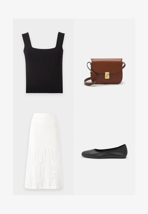 Sort top med firkantet halsudskæring lavet af glat stof. Har brede stropper og en tætsiddende silhuet med en ren kant. Ingen synlige mønstre.; Strikket hvid midi-nederdel med et tekstureret mønster med vertikale linjer og udskæringer nær kanten. Elastisk talje. Blødt materiale.; Sort læderballetsko med rund tå, glat tekstur, minimal syning og et fleksibelt såldesign.; Brun læder håndtaske med flaplukning, hardware i gyldent tone, en skulderrem og en glat overflade. Kompakt rektangulær form.