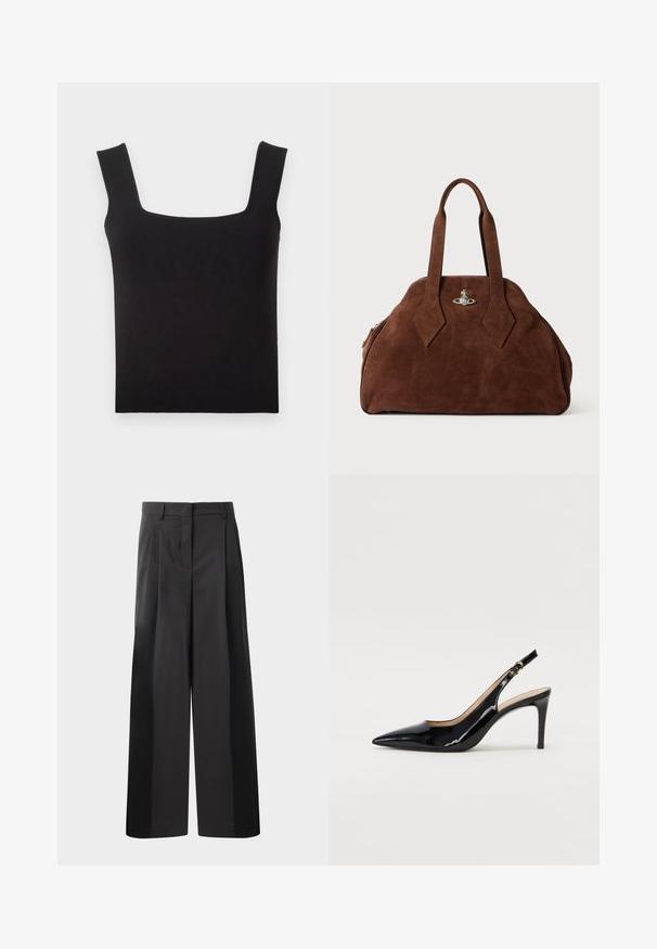 Čierny top s obdĺžnikovým výstrihom vyrobený z hladkej tkaniny. Má široké ramienka a priliehavý strih s čistým lemom. Bez viditeľných vzorov.; Čierne široké nohavice s vysokým pásom, so záhybmi vpredu, hladkou textúrou a prispôsobeným strihom. Navrhnuté pre uvoľnený strih.; Čierne lakované kožené slingback lodičky s špicatou špičkou, štíhlým podpätkom a jemným výrezom. Obsahuje zlatú pracku na remienku.; Hnedá semišová kabelka so štruktúrovaným tvarom, zaobleným telom a predĺženými rukoväťami v tvare diamantov. Obsahuje uzatváranie so striebornou hardvérovou sponou.