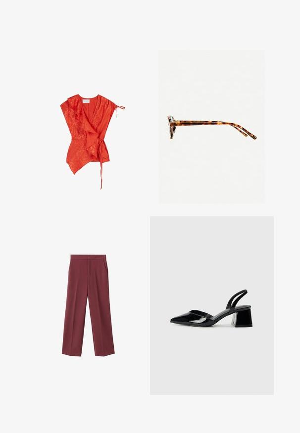 Punainen kietaisupaita lyhyillä hihoilla, röyhelöyksityiskohdilla ja solmittavalla vyötäröllä. Valmistettu kevyestä, teksturoidusta kankaasta, jossa on hienovarainen kuosi.; Bordeaux leveled trousers with a smooth texture, featuring side pockets and a high waist design. Tailored with a clean front crease.; Mustat patentoitu nahkakengät, joissa on säären takaosa ja terävä kärki, sekä geometrinen palikkakorko. Sisältää tyylikkään, minimalistisen muotoilun ja sileän pinnan.; Kivimäisd värvi päikeseprillid paksu raamiga, kergelt kõverate templitega ja siledast tekstuurist. Omab klassikalist disaini läikiva viimistlusega.