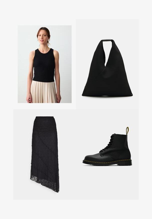 Czarny, prążkowany top na ramiączkach z okrągłym dekoltem i bez rękawów, w zestawie z jasnobeżową, plisowaną spódnicą. Gładka faktura, dopasowany krój.; ONLY ONLKIM czarny; Czarne skórzane botki za kostkę z żółtym przeszyciem na podeszwie i logowaną pętelką na pięcie, przedstawione z boku na jednolitym tle.; Czarna torba na zakupy z unikalnym wzorem w kształcie V i gładką teksturą. Posiada krótką rączkę z minimalistycznym detalem hardware.