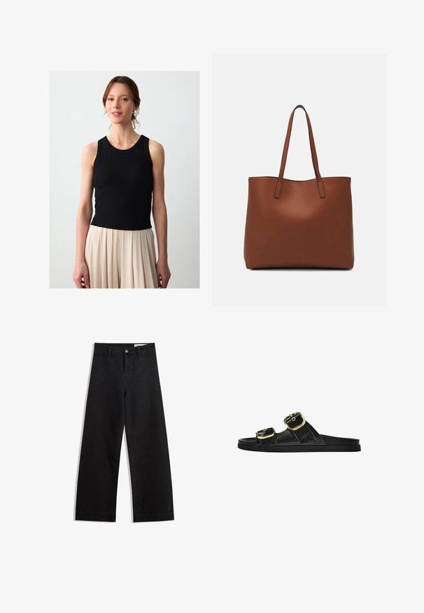 Black ribbed tank top with a round neckline and sleeveless design, paired with a light beige pleated skirt. Smooth texture, fitted shape.; Black wide-leg denim pants with a high waist, featuring front and back pockets, stitched seams, and a button closure. Smooth texture.; Black slide sandal with two gold buckle accents, smooth textured material, flat sole, and a minimalist design.; Brown leather tote bag with a smooth texture, open top design, and two shoulder straps. Features minimal stitching and no visible hardware.
