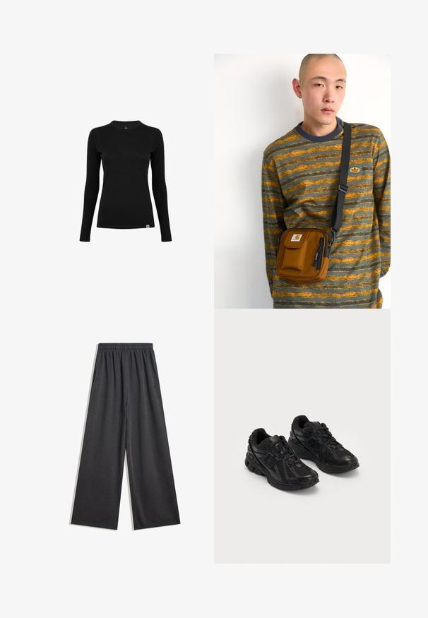 Sort langærmet t-shirt lavet af et blødt, strækbart stof. Har en rund halsudskæring, tætsiddende pasform og en lille logoetiket nederst.; Bredde ben sorte bukser lavet af et blødt stof, med en elastisk talje og sidelommer. Glat tekstur med rene syninger.; Sorte atletiske sko lavet af mesh og syntetiske materialer. Har en polstret sål, teksturerede mønstre og præget branding på siden.; Brun stof crossover taske med lynlås og frontlomme; båret over en grå og orange stribet langærmet skjorte med logo-patch.