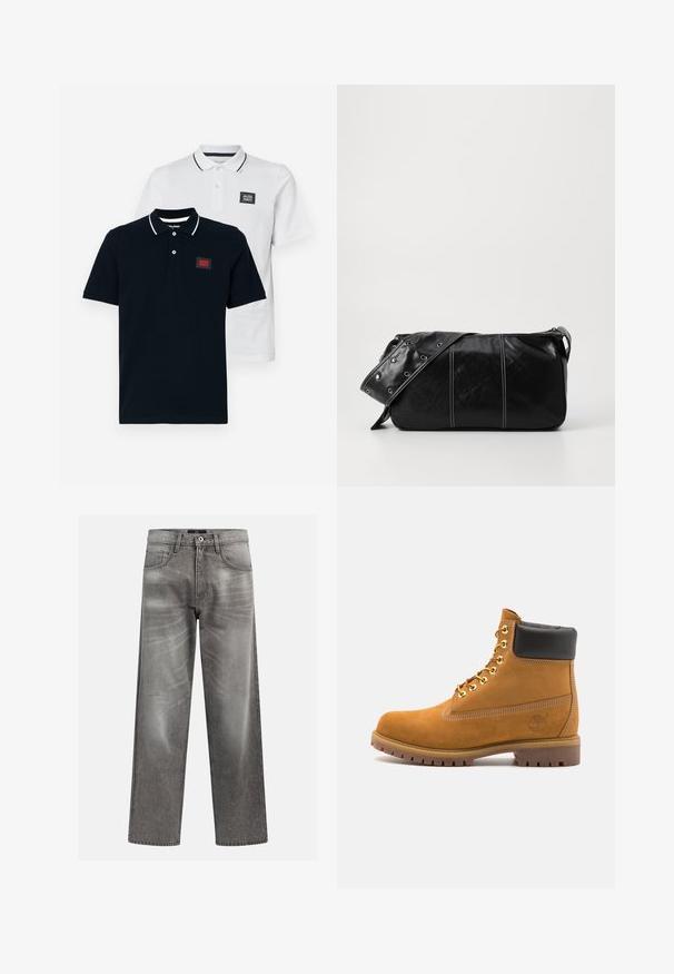 To polo shirts i navy og hvid, med korte ærmer, klassisk krave og kontrasterende stribede detaljer på kraven.; Grå denim jeans med en løs pasform, der har whiskering og falmede detaljer, et klassisk fem-lomme design og en knaplukning.; Tan nubuck ankelstøvle med sort polstret krave, gyldne metaløjer, hvid syning detaljer og robust gummisål med udtalte slidbaner.; Sort læder skuldertaske med lynlås, der har en tekstureret overflade, hvid syning og en rem med sølvøskner.