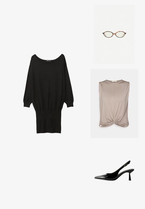 Yogasearcher TWISTED - Top - cacao; Black oversized sweater with a wide boat neckline, long sleeves, ribbed cuffs, and a fitted bottom hem, made from a soft, textured fabric.; Black patent leather slingback pump with a pointed toe, cutout sides, adjustable ankle strap, and a thin, sleek heel.; Tortoiseshell eyeglasses with oval lenses and a sleek, smooth finish. Features thin sides with a subtle curve at the temples. Clear lenses.; Red leather shoulder bag with a curved design, smooth texture, and a zipper closure. It features a thin handle for carrying.