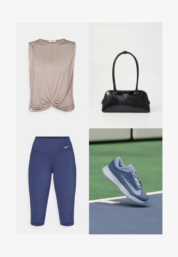 Yogasearcher TWISTED - Top - cacao; Tamnoplave capri tajice od rastezljivog materijala, s širokim pojasom i malim bijelim logotipom s lijeve strane. Nema vidljivih šavova.; Sportske tenisice u svijetloplavoj i tamnoplavoj boji, s teksturiranim gornjim dijelom, ravnim vezicama i laganim bijelim potplatom. Iznad su povišene u odnosu na teren.; Crna sjajna torba s zakrivljenim siluetom, dva ručka i prednjom logotip pločicom. Zatvaranje na patentni zatvarač i sjajni dodaci od hardvera.