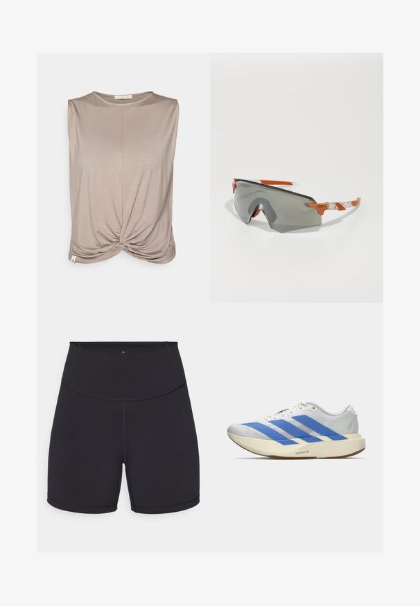 Yogasearcher TWISTED - Toppi - cacao; Mustat urheilushortsit joustavasta kankaasta. Omistaa korkean vyötärön ja sileät saumat. Sopii aktiiviseen käyttöön ja liikuntaan.; Valkoinen urheilukenkä, jossa on siniset raidat, teksturoitu päällinen, litteä pohja ja "LIGHTSTRIKE PRO" -brändäys sivussa. Matala profiili.; Urheilusilmälasit harmailla linsseillä, oransseilla yksityiskohdilla ja kuvioiduilla valkoisilla varsilla. Suunniteltu suorituskykyyn, muotoilu on ympäri menevä.