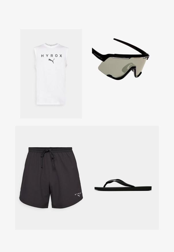 Tricou alb fără mâneci cu inscriptionarea "HYROX" în litere negre îngroșate și un logo Puma negru dedesubt, fabricat dintr-un material neted.; Pantaloni scurți sport negri cu un talie elastică și șnur, având un logo alb în colțul din stânga jos. Textură netedă, lungime până la mijlocul coapsei.; Sandala flip-flop din cauciuc negru, cu un bretele texturat și o talpă simplă și plată, prezentată din lateral pe un fundal simplu și deschis.; Ochelari sport de culoare neagră, cu un design înfășurător, având lentile mari de culoare gri și un cadru solid cu accente albe și logo.