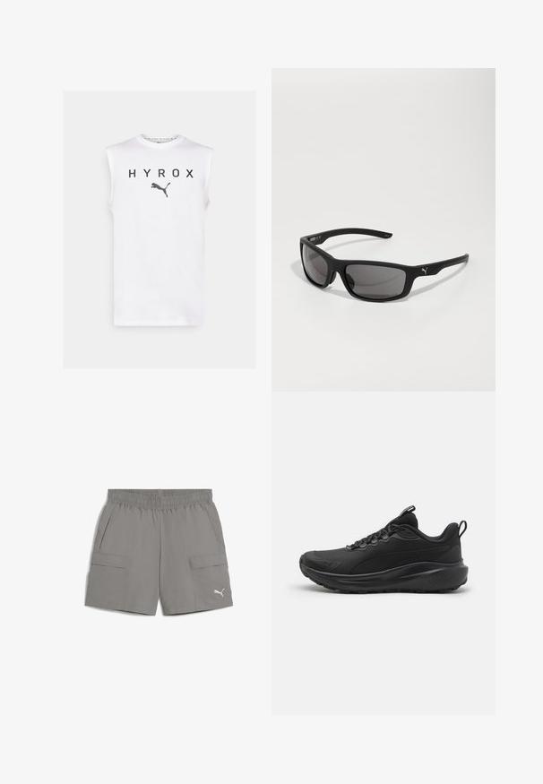 Fehér ujjatlan póló, amelyen vastag fekete betűkkel a "HYROX" felirat, alatta egy fekete Puma logó található, sima anyagból készült.; Szürke cargo nadrág rövidnadrág, könnyű anyagból készült, rugalmas derékkal, két oldalsó zsebével és egy kis logóval az alsó bal oldalon.; Fekete sportcipők texturált hálós felsőrésszel, párnázott gallérral, fűzővel és gumitalppal. Karcsú dizájnnal és tartós felépítéssel rendelkezik.; Fekete napszemüveg matt felülettel, téglalap alakú lencsékkel és hangsúlyos logóval a szárakon. Polarizált lencsék, UV védelem.