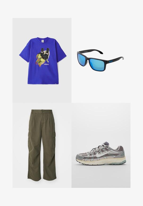 Sininen puuvillainen lyhythihainen t-paita, jossa on graafinen kuva kahdesta toukanasta. Sisältää tekstin "ALL CONDITIONS GEAR" kuvan lähellä.; Vihreät cargo-housut, valmistettu puuvillasta, leveällä lahjesuunnittelulla, taitoksilla ja sivutaskuilla käytännöllisyyttä varten.; Harmaa urheilukenkä, jossa on verkko- ja mokkanahkainen yläosa, valkoiset yksityiskohdat, pehmustettu pohja ja erottuva muotoilu heijastavilla elementeillä.; Tyylikkäät mustat aurinkolasit, joissa on siniset peililinssit, neliömäiset kehykset ja sininen yksityiskohta tempura. Valmistettu kevyestä muovimateriaalista.