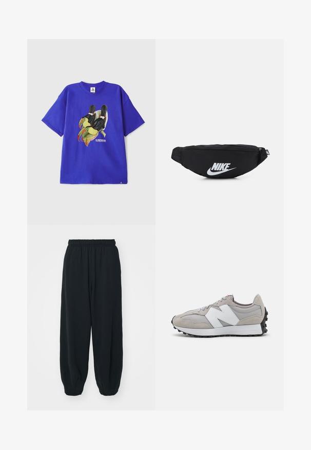 Blue cotton short-sleeve t-shirt featuring a graphic of two toucans. Includes "ALL CONDITIONS GEAR" text near the design.; Black, elasticated-waist sweatpants with a loose fit, cuffed ankles, smooth texture, and no visible patterns or hardware accents.; Gray sneaker with mesh and suede materials, featuring a white side logo, gray laces, and a black rubber outsole.; Black nylon fanny pack with a zippered closure, featuring a large white Nike logo. Smooth texture and ergonomic design for comfortable wear.