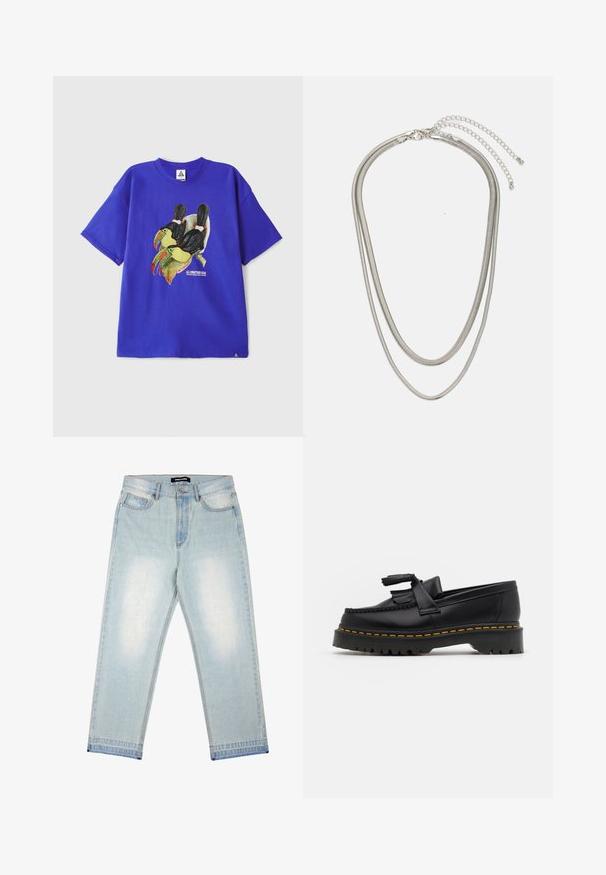 Blue cotton short-sleeve t-shirt featuring a graphic of two toucans. Includes "ALL CONDITIONS GEAR" text near the design.; Pegador BARROW - Loose Jeans - sand washed blue; Black leather loafer with a tasseled accent, featuring a chunky black sole and yellow stitching along the edge. Textured finish.; Three-layered silver metal necklace featuring sleek, flexible chains with a slight sheen, secured with a lobster clasp and adjustable chain.