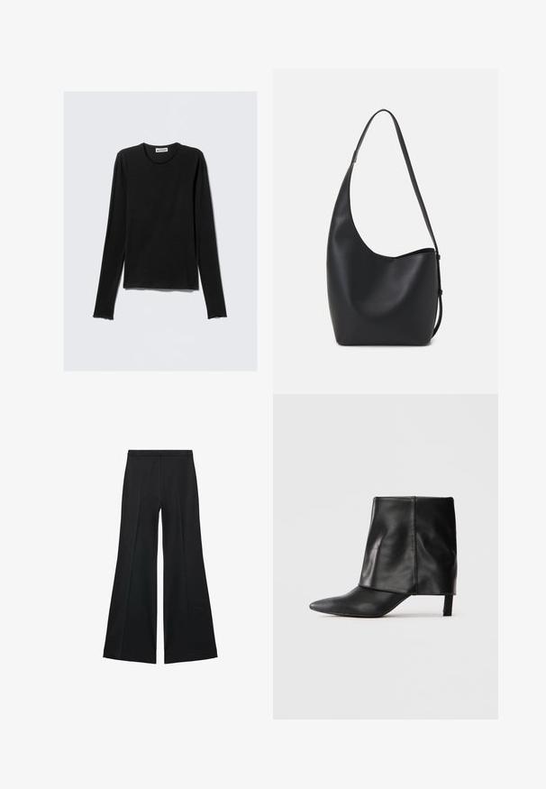 Maglietta nera a maniche lunghe in tessuto morbido con scollo rotondo. L'orlo presenta un dettaglio a taglio vivo, che conferisce un aspetto rilassato.; Pantaloni neri a gamba larga con una texture liscia, caratterizzati da pieghe frontali e un design sartoriale. Il tessuto è leggero e fluido.; Stivale in pelle nera fino al polpaccio con punta affilata, gambale piegato e tacco basso e slanciato, posizionato su uno sfondo bianco.; Borsa hobo nera in pelle con una superficie liscia, forma curvata e una singola tracolla regolabile; presenta un'ampia apertura nella parte superiore.