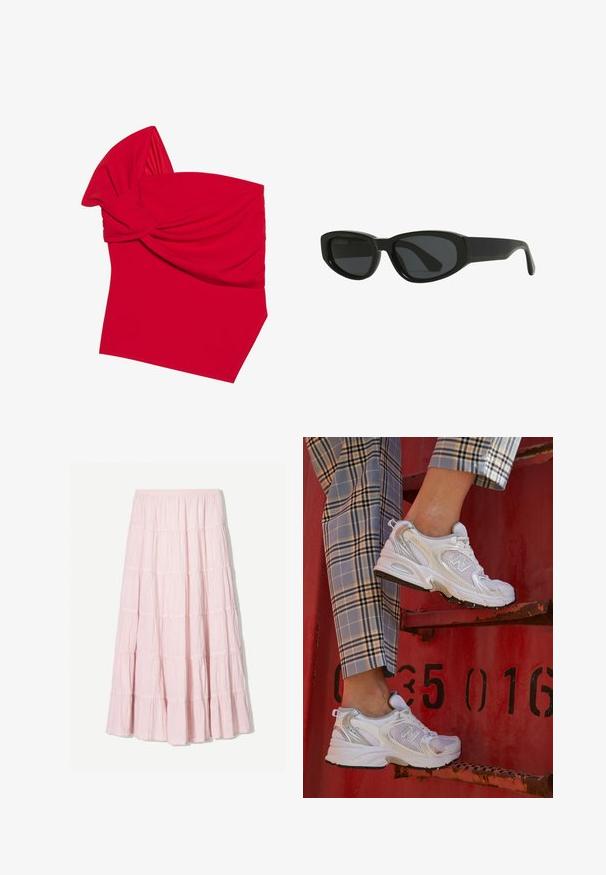 Rotes Bandeau-Top aus dehnbarem Stoff mit einem verdrehten Vorderdesign, das eine glatte Textur und einen schrägen Saum aufweist.; Helles Rosa, gestuftes Maxikleid aus einem strukturierten, leichten Stoff. Elastischer Bund und fließender Saum mit Rüschendetails.; Weiße Mesh-Sneaker mit silbernen Akzenten und einer strukturierten Sohle, platziert auf einer roten Oberfläche, kombiniert mit karierter Hose.; Schwarze Sonnenbrille mit einem schlanken, kantigen Design. Hergestellt aus Kunststoff, mit dunklen Gläsern und einer glatten, glänzenden Oberfläche. Keine bemerkenswerten Akzente.