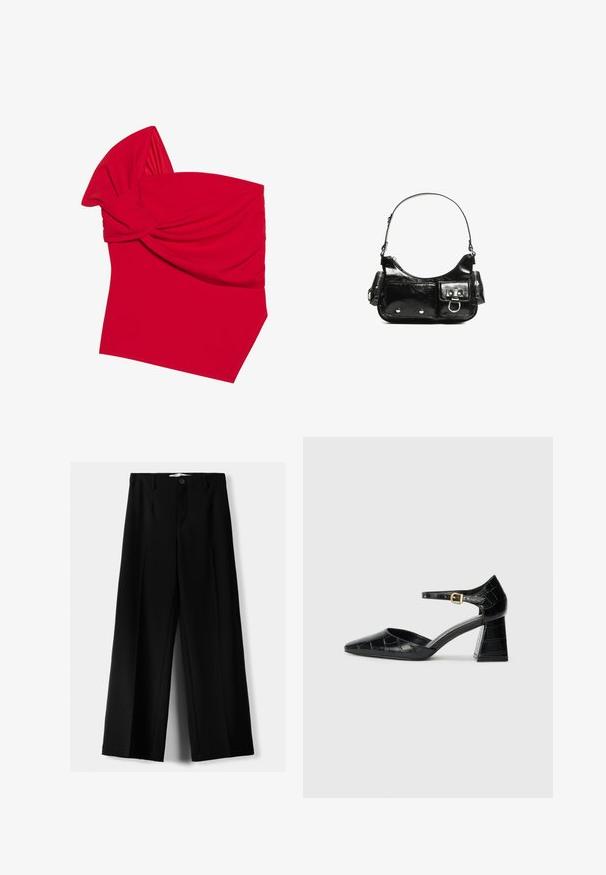 Crvena bandeau majica izrađena od rastezljivog materijala s dizajnom s uvijenim prednjim dijelom, s glatkom teksturom i kutnim donjim rubom.; Crne široke hlače izrađene od lagane tkanine, s prednjim zatvaranjem na dugme i ravnim prednjim dijelom, sa uredno šivenim rubovima.; Crna lakirana visoka potpetica s izoštrenim prstom, remenom oko gležnja i teksturiranom krokodilskom šablonom. Dizajn kvadratne blok potpetice.; Crna patentna kožna torba s zakrivljenim oblikom, jednim remenom za rame, prednjim džepovima i akcentima od srebrnog tona.