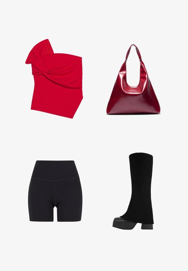 Červený bandeau top vyrobený z elastického materiálu s prekrúteným predným dizajnom, s hladkou textúrou a šikmým spodným lemom.; Čierne šortky s vysokým pásom vyrobené z elastického materiálu. Obsahujú elastický pás, hladký povrch a dĺžku do polovice stehna s bezšvovým dizajnom.; Čierne vysoké čižmy po kolená s ribbed textíliou, robustnou platformou a blokovým podpätkom, s hladkou textúrou a elegantným, moderným dizajnom.; Červená lesklá kožená kabelka trojuholníkového tvaru so širokým vrchným otvorom a jedným zakriveným uchom. Hladký povrch s minimálnymi švami.