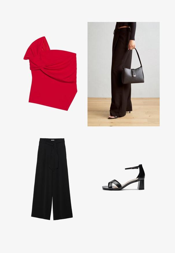 Punane büstiera, mis on valmistatud venivast kangast, keeratud esiosas, omab siledat tekstuuri ja nurga all lõppevat alumist serva.; Mustad laiad püksid, millel on tekstureeritud kangas, elastne vöökoht ja eemaldatav pael vööst, et reguleerida sobivust.; Must mustaga avatud varvastega kontsasaapad, millel on ristatud rihmad, reguleeritav pahkluu riba ja tükike konts, millel on sile nahk tekstuur.; Must musta kott, millel on struktureeritud kuju, sile tekstuur ja metallist klamber. Kombineeritud laiate mustade pükstega ja avatud varvaste sandaalidega puidust põrandal.