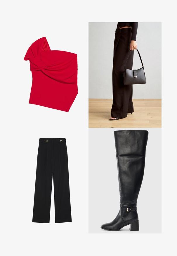Crvena bandeau majica izrađena od rastezljivog materijala s dizajnom s uvijenim prednjim dijelom, s glatkom teksturom i kutnim donjim rubom.; Crne hlače širokih nogavica s visokim strukom, s dugmadi na pojasu i prednjim nabora.; Crne kožne čizme do koljena s blok petom i ukrasnom trakom s zlatnom kopčom iznad gležnja, bočni prikaz na bijeloj pozadini.; Crna torba s oblikom koji sadrži strukturu, glađu teksturu i metalnu kopču. Uparena s širokim crnim hlačama i sandalama na otvorenom s drvenog poda.