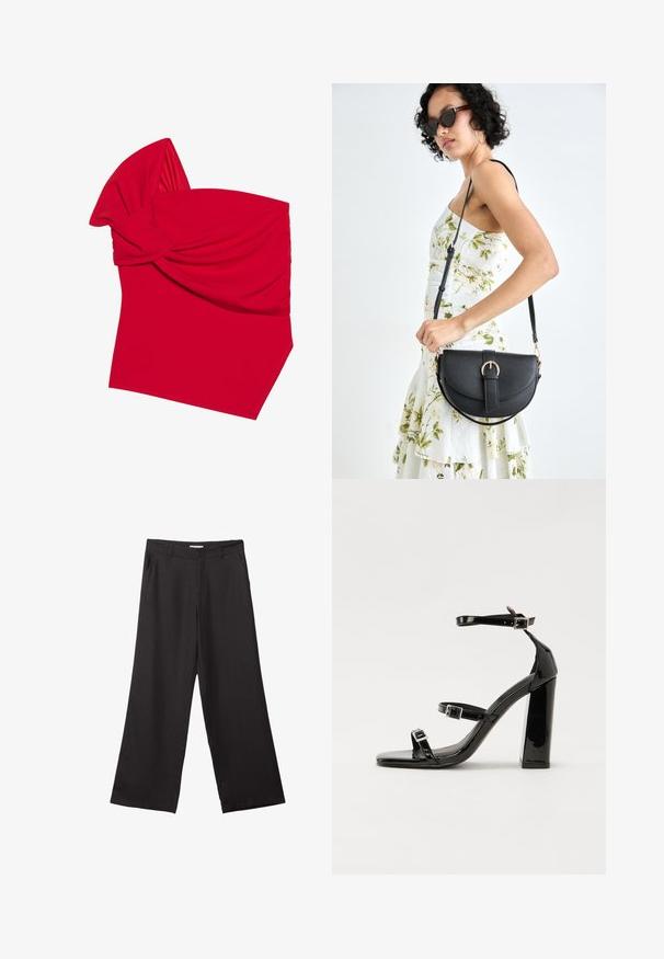 Červený bandeau top z pružné látky s designem zkrouceného předního dílu, který má hladký povrch a nakloněný spodní lem.; Černé široké kalhoty vyrobené z hladké tkaniny, s předním zipem a dvěma bočními kapsami, s dobře padnoucím střihem a minimalistickým designem.; Černé lakované sandály na podpatku se čtveratou špičkou, lýtkovými pásky a stříbrnými přezkami. Disponují masivním blokovým podpatkem pro stabilitu.; Černá kožená kabelka s křivkovým tvarem, odnímatelným popruhem a zlatými detaily. Kabelka má klopu s přezkou.