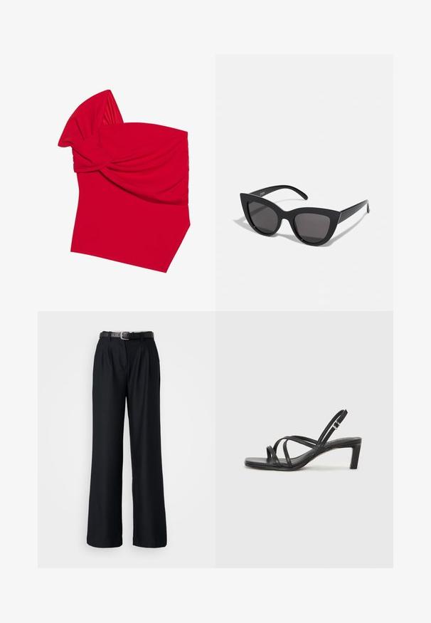 Red bandeau top made of stretchy fabric with a twisted front design, featuring smooth texture and angled bottom hem.; Black wide-leg trousers made from smooth fabric, featuring front pleats and a matching black belt with a silver buckle.; Black strappy sandal with a square toe and a low block heel. Features multiple thin straps and an adjustable ankle strap. Made of smooth leather.; Black cat-eye sunglasses with a matte finish, featuring gray tinted lenses, sharp angles, and sleek side arms. Brand name visible on the inner arm.; Metallic gold clutch with a smooth, rounded shape, featuring a top button clasp and a small chain strap for carrying.