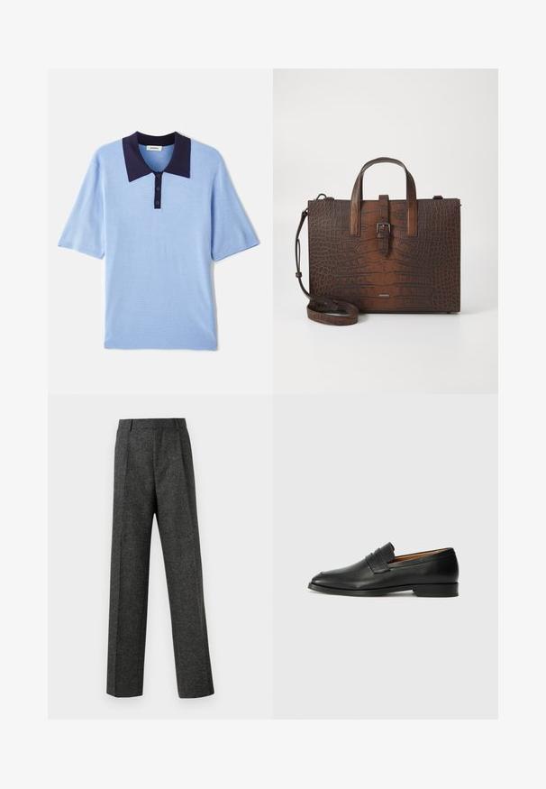 Světle modrá polokošile s krátkým rukávem, tmavě modrým límcem a zapínáním na tři knoflíky. Texturovaná tkanina s měkkým a prodyšným povrchem.; Šedé kalhoty na míru vyrobené z texturované tkaniny, s dvěma předními záhyby a rovnými nohavicemi. Bez viditelných kapes nebo ozdob.; Černé kožené mokasíny s kulatou špičkou, jemným prošíváním a nízkým podpatkem, s hladkým povrchem a minimalistickým designem.; Hnědá kabelka z krokodýlí kůže s embosováním, s horními uchy a odnímatelným ramenním popruhem. Disponuje sponou na zavírání a obdélníkovým tvarem.