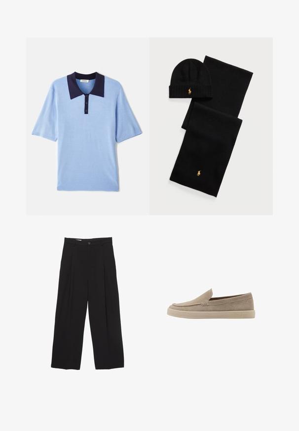 Lys blå kortærmet polo skjorte med mørkeblåt krave og tre-knaps lukning. Struktureret stof med en blød, åndbar overflade.; Sorte bukser med bred benvidde lavet af glat stof, med flad talje, frontfolder og en enkelt knaplukning.; Beige ruskinds slip-on sko med afrundet tå, lavprofil design og en struktureret overflade. Har en diskret syning langs overdelen.; Sort strikket hue og tørklædesæt. Har ribbet tekstur og guldlogo accenter. Blødt stof med et elegant design, velegnet til koldt vejr.
