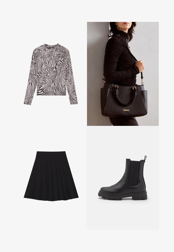 Langärmliges Oberteil in Creme mit schwarzem abstraktem Wellenmuster, das einen hohen Kragen und leicht geraffte Schulternähte aufweist. Weiche Stofftextur.; Schwarzer, plissierter Rock aus strukturiertem Stoff mit einem taillierten Bund. Fällt knielang und hat eine glatte, klare Silhouette.; Schwarze Leder-Ankle-Boots mit elastischen Seitenpaneelen, runder Spitze und texturierten Gummisohlen. Verfügt über eine Schlaufe an der Rückseite für ein einfaches Anziehen.; Schwarze Handtasche mit strukturierten Oberflächen, doppelten Obergriffen und verstellbarem Schultergurt. Mit goldfarbener Hardware und Seitentaschen.