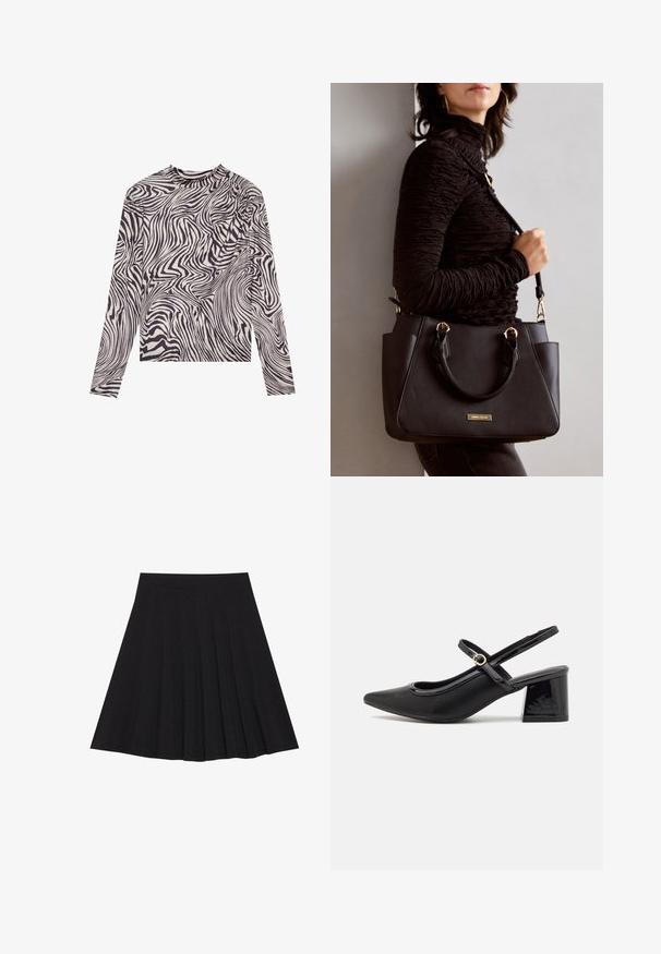 Langärmliges Oberteil in Creme mit schwarzem abstraktem Wellenmuster, das einen hohen Kragen und leicht geraffte Schulternähte aufweist. Weiche Stofftextur.; Schwarzer, plissierter Rock aus strukturiertem Stoff mit einem taillierten Bund. Fällt knielang und hat eine glatte, klare Silhouette.; Schwarze Lackleder-Slingback-Absätze mit spitzer Zehenform, einem runden Ausschnitt-Design und einem Blockabsatz. Mit einem goldfarbenen Schnallenakzent.; Schwarze Handtasche mit strukturierten Oberflächen, doppelten Obergriffen und verstellbarem Schultergurt. Mit goldfarbener Hardware und Seitentaschen.
