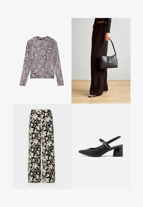 Halenka s dlhým rukávom v krémovej farbe s čiernym abstraktným vlnitým vzorom, s vysokým golierom a mierne nazhŕňaným detailom na pleciach. Mäkká textúra látky.; Čierne nohavice s širokými nohavicami a krémovým kvetinovým vzorom. Vyrobené z ľahkej látky, s hladkou textúrou a vysokým pásom.; Čierne lakované kožené lodičky so slingback dizajnom, špicatou špičkou, zaobleným výrezom a blokovým podpätkom. Obsahuje akcent zlatého tónu s prackou.; Čierna kabelka so štruktúrovaným tvarom, hladkou textúrou a kovovou sponou. V kombinácii so širokými čiernymi nohavicami a sandálmi s otvorenou špičkou na drevenej podlahe.