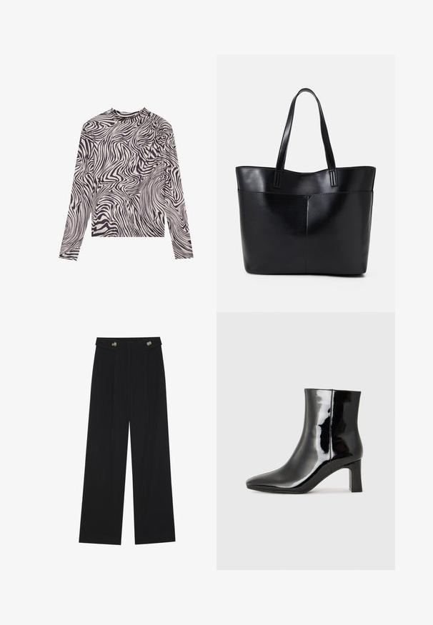 Long-sleeve top in cream with black abstract wavy pattern, featuring a high neck and slightly gathered shoulder detail. Soft fabric texture.; Black wide-leg trousers with high waist, button details on waistband, and front pleats.; Black patent leather ankle boot with a pointed toe and a mid-height block heel. Smooth texture and minimalist design.; Black leather tote bag with two long handles, a smooth texture, and a structured shape. Features a front pocket for additional storage.