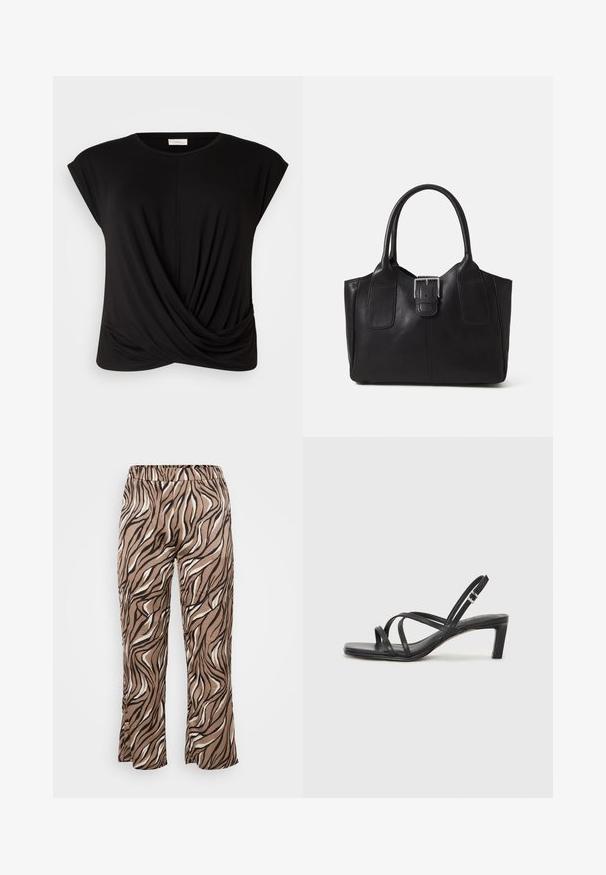 Melnā T-kreklā ir apaļa apkakle, kapuces piedurknes un savīts priekšpuses detaļa, kas piešķir papildu struktūru. Izgatavots no mīksta, elastīga auduma.; Brūni un krēmbalti zebra raksta bikses ar elastīgu jostasvietu, kas izceļas ar platu kāju dizainu un gludu auduma tekstūru.; Melnas strappy sandales ar kvadrātveida purngaliem un zemu bloku papēdi. Ievērojamas ar vairākiem plāniem siksniņām un regulējamu potītes siksniņu. Izgatavotas no gludas ādas.; Melnas ādas somiņa ar gludu tekstūru, strukturētu formu, divām rokturām un izteiktu sudraba sprādzi priekšpusē.