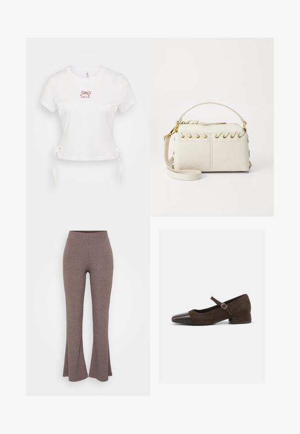 Balta kokvilnas T-krekls ar īsām piedurknēm, īsā dizainā, ar sānu saitēm un sarkanu izšūtu tekstu, kas satur loku un frāzi "c'est moi."; Brūnas ribotas izplazdētas bikses ar augstu elastīgu jostu un mīkstu tekstūru, kurām visā virsmā ir smalka vertikāla raksta. ; Brūni zamšādas Mary Jane apavi ar melnu lakotu purngalu, regulējamu siksniņu un zemu blokveida papēdi. Gluda tekstūra ar minimāliem akcentiem.; Baltā mākslīgā āda somiņa ar augšējo rāvējslēdzēju, īsu rokturi un noņemamu krūšu siksnu ar zelta krāsas aksesuāriem. Sānu diegu detaļa.; Sudraba auskars ar pulētu apdari, ar maziem zelta akcentiem un apaļu formu, uz ausu ļipiņas.
