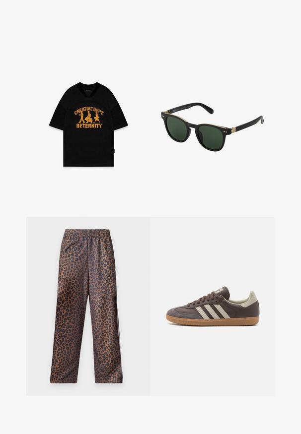 Lyhythihainen musta t-paita, jossa on "CREATIVE DEPT RETERNITY" kuluneella keltaisella tekstillä ja kolme hahmoa, suunniteltu verkkomaiseksi.; Leopardikuosiset housut, joissa on joustava vyötärö. Valmistettu kiiltävästä kankaasta, jossa on ruskea pohja ja mustia laikkuja sekä väljä malli.; Ruskeahuiset lenkkarit, joissa on kolme lyhyttä vaaleaa raitaa, kuminen pohja, pyöreä kärki ja teksturoitu mokkanahkakoristelu kannassa ja kärjessä.; Aurinkolasit mustalla matta kehällä, tummanvihreillä linsseillä, kultaisilla yksityiskohdilla ja kahdella pienellä koristepisteellä etuosassa. Kapeat templet.
