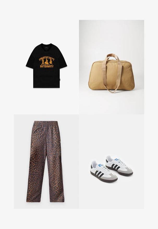 Juodas trumpa rankovė marškinėliai su užrašu "KŪRYBINIS DEPARTAMENTAS RETERNITY" nusidėvėjusios geltonos spalvos tekstu ir trims figūroms, sukurtas su tinklinio tekstūra.; Leopardų rašto kelnės su elastingu juosmeniu. Pagamintos iš blizgaus audinio, turinčio rudą pagrindą su juodais taškais ir laisvo kirpimo dizainu.; Sportiniai batai su balta odine viršutine dalimi, pilku zomšiniu priekiu ir trimis juodomis juostelėmis. Ant liežuvio yra mėlynas logotipas, o padas pagamintas iš tekstūruoto gumos.; Rudas sportinis krepšys su dviem audinio rankenomis, lygia tekstūra, užtrauktuko uždarymu, ovalia forma ir subtiliu išsikišusiu logotipu vienoje pusėje.