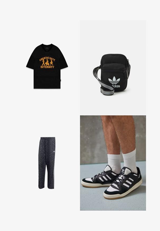 Camiseta de manga corta negra con la inscripción "CREATIVE DEPT RETERNITY" en texto amarillo desgastado y tres figuras, diseñada con una textura de malla.; Pantalones deportivos negros con un patrón de leopardo, con un diseño de tres rayas blancas y un logo de marca deportiva en el lateral.; Zapatillas en blanco y negro con parte superior de ante y cuero, que presentan tres franjas blancas, una puntera perforada y una suela de goma.; Bolso cruzado de tela negra con cierre de cremallera, que presenta un logo blanco de Adidas y una correa ajustable a rayas para un fácil transporte.