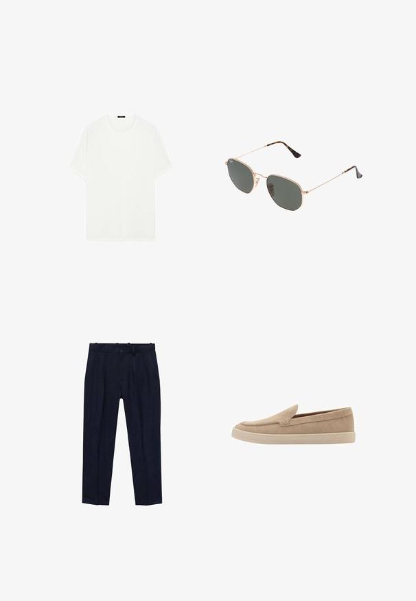 T-shirt bianco a maniche corte realizzato in tessuto morbido. Presenta un classico collo rotondo e una vestibilità dritta, senza motivi o dettagli visibili.; Pantaloni navy realizzati in tessuto liscio, con un fit leggermente sagomato, pieghe frontali, passanti per cintura e chiusura a un bottone.; Scarpa slip-on in suede beige con punta arrotondata e dettagli cuciti. Suola in gomma chiara con design a profilo basso.; Occhiali da sole con montatura in metallo dorato e lenti verde scuro, stile aviator, con aste sottili e dettagli in tartaruga sulle punte.