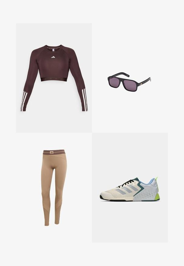 Top corto de tela marrón oscuro con mangas largas. Presenta el logo blanco de Adidas y tres franjas blancas en cada manga. Textura suave.; Leggings beige con una cinturilla texturizada en un marrón más oscuro, que presentan detalles de costura curva y un silueta ajustada para ropa deportiva.; Zapatillas deportivas ligeras con parte superior de malla color crema, franjas grises, un acento verde y un contador de talón texturizado en azul. Cordones negros.; Gafas de sol negras con montura cuadrada, lentes oscuros y un acento de logo dorado en la varilla. Material plástico suave con acabado mate.
