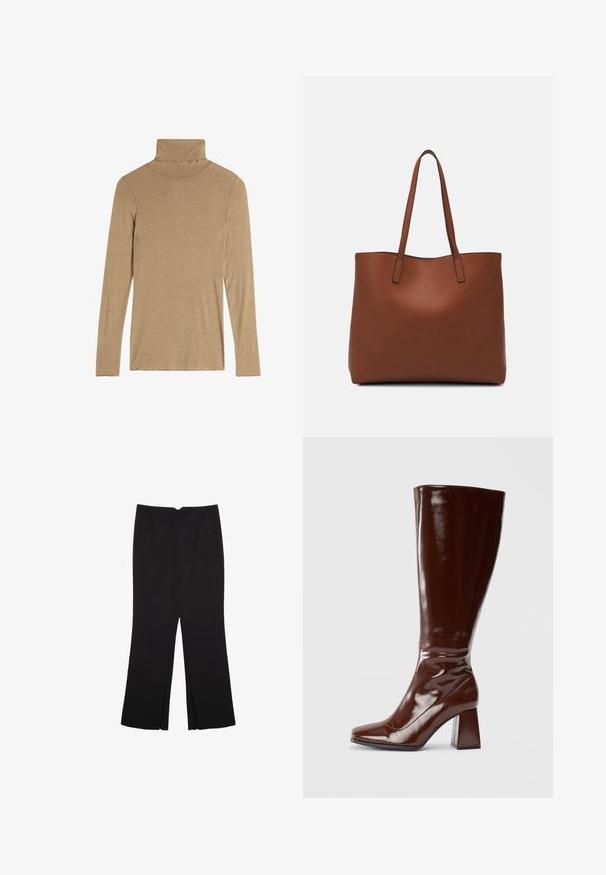 Langsleeve coltrui in een lichtbruine kleur, gemaakt van zachte, gestructureerde stof met een aansluitend ontwerp en naadloze halsconstructie.; Zwarte broek met een rechte pasvorm, voorzien van zijzakken en plooien aan de onderzijde. Gemaakt van zachte, gladde stof. Geschikt voor verschillende gelegenheden.; Kniehoge bruine laarzen van gepatenteerd leer met een vierkante neus, glanzende afwerking en een chunky hak voor stabiliteit. Naadloos ontwerp zonder zichtbare hardware.; Bruine leren tote bag met een gladde textuur, een ontwerp met een open bovenkant en twee schouderbanden. Kenmerkt zich door minimale stiksels en geen zichtbare hardware.