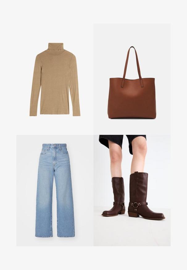 Top de cuello alto de manga larga en un color marrón claro, hecho de una suave tela texturizada con un diseño ajustado y construcción de cuello sin costuras.; Jeans de tiro alto y pernera ancha en azul claro, con cierre frontal de botón y cremallera, y bolsillos delantero y trasero, sobre un fondo blanco.; Botas de cuero marrón hasta la rodilla con punta redonda, superficie texturizada, correa en el tobillo y detalles de hardware plateado; tacón apilado.; Bolso tote de cuero marrón con una textura suave, diseño de apertura superior y dos correas para el hombro. Presenta una costura mínima y sin herrajes visibles.