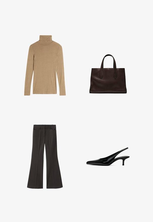 Langsleeve coltrui in een lichtbruine kleur, gemaakt van zachte, gestructureerde stof met een aansluitend ontwerp en naadloze halsconstructie.; Zwarte flared broek met een hoge taille; beschikt over twee voorkeurszakken en een gladde stoftextuur. Geschikt voor verschillende gelegenheden.; Zwarte slingback schoen met puntige neus, afgewerkt in glanzend leer en met een dunne, lage hak. Bevat een uitsnede aan de zijkant voor ademend vermogen.; Bruine leren tote bag met twee verlengde handvatten, gestructureerde rechthoekige vorm, gladde textuur en subtiele stiksels.