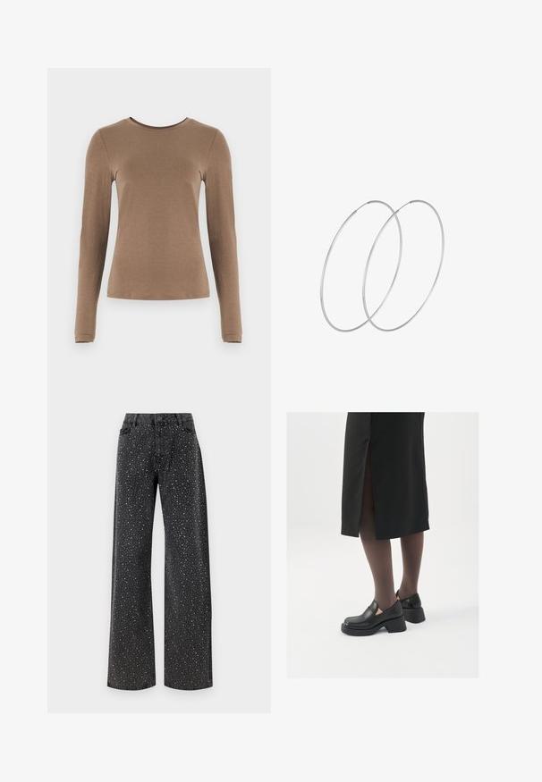 Majica z dolgimi rokavi in okroglim izrezom v topli rjavi barvi, izdelana iz gladkega, mehkega blaga s slim fit krojem in minimalnimi šivi.; Noisy May NMJANNEL LOOSE - Široke kavbojke - black denim; Črne usnjene čevlje s zaobljenim prstom, debelim blokastim petama in elastičnimi stranskimi detajli, v kombinaciji s temno nogavicami in črno krilo z razporkom.; Srebrne uhane v obliki obroča z minimalističnim dizajnom. Krožna oblika, gladka tekstura in tanek profil. Lahki s poliranim zaključkom.