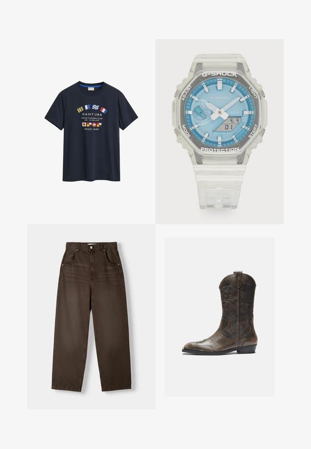 Námorně modré bavlněné tričko s kulatým výstřihem a krátkými rukávy. Hlavní design zahrnuje různé vlajky států a text "GANT USA".; Hnědé, vysoké džíny s rovnými nohavicemi, vyrobené z denimu, s dvěma předními kapsami a knoflíkovým zapínáním. Hladká textura.; Hnědé kožené kovbojské boty s vysokým sálem, špičatou špičkou, složitými vyšívanými vzory a malým podpatkem. Texturovaný povrch po celé délce.; Hodinky G-Shock s průhledným pryskyřicovým pouzdrem, modrým ciferníkem, kovovými akcenty, digitálním displejem a texturovaným silikonovým páskem. Voděodolné do 20 barů.